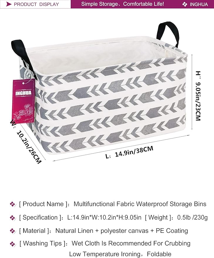 Rectangular Storage Basket Fabric Organizer Bin for Toys,Books,Clothes,Gifts,Pets-Perfect for Home,Office,Nursery,Dorm,Shelf(Rec Grey Arrow)