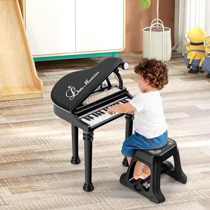 HONEY JOY Classical Kids Piano, 31-Key Toy Mini Grand Piano with Music Stand & Stool, Portable Electronic Piano Educational Musical Instrument Toy w/ Microphone, Lights, Gift for Kids (Black, 31 Keys)