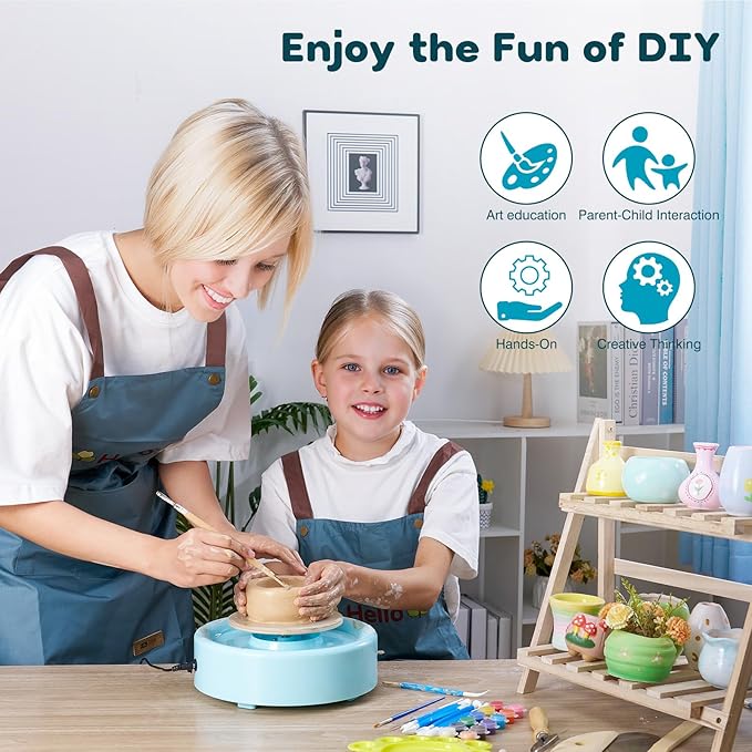 Alldeer Mini Pottery Wheel Machine - 6" Upgraded Clay Wheel for Beginners & Kids, 75W Motor, Adjustable Speed, Low Noise Ceramic Making Kit with 18PCS Sculpting Tools, Ideal for Home DIY