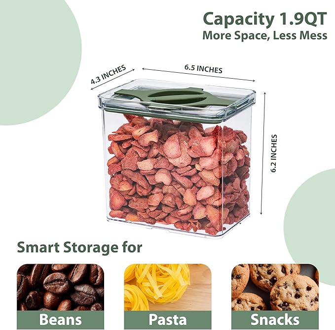 4-Pack Airtight Pantry Containers, 1.9 QT / 1.8 L Clear Food Storage Jars with Leakproof Twist-Lock Lids, Detachable Lid for Easy Cleaning, Cereal, Pasta, Rice, Oats, Snack Storage -Black