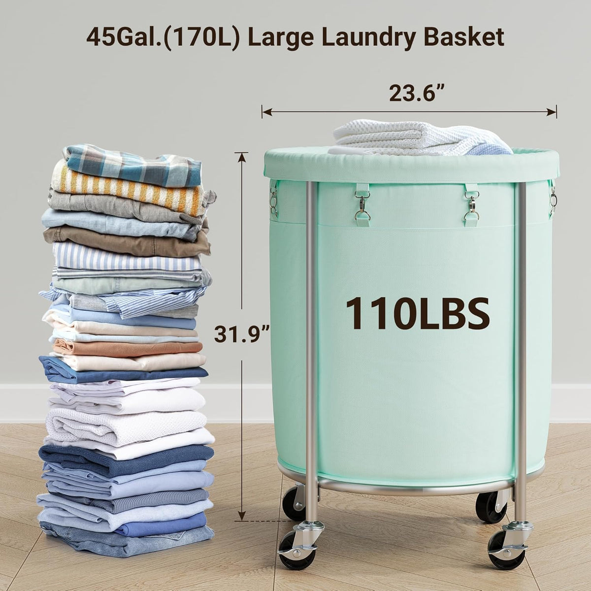 ELYKEN Laundry Basket with Wheels, 170L Rolling Laundry Hamper with Removable Bag and Steel Frame, Round Laundry Cart with 4 Casters and 2 Brakes, Ideal for Bedroom, Bathroom, Laundry Room, Mint Green