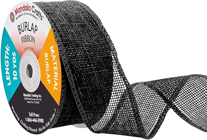 Mandala Crafts Black Burlap Ribbon 1.5 Inches Wide Jute Ribbons for Crafts - 20 Yds Roll Rustic Burlap Wrap Trim Ribbons for Wreaths Bows Wedding Party Decoration