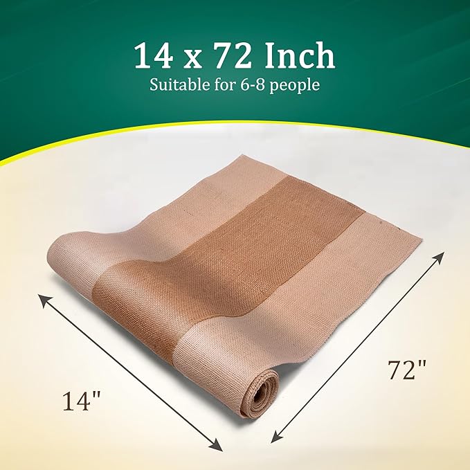 Burlap Table Runners (Pack of 1) – 14”x 72” - No-Fray Finished Edge Natural Table Runner – No Odor Farmhouse Style Natural Stripe on White Burlap Runner - Perfect for Christmas, Wedding, Thanksgiving