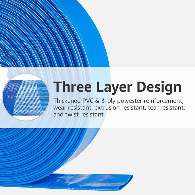 1.5" x 100 FT Pool Backwash Hose, Heavy Duty PVC Discharge Hose, Lay Flat Discharge Hose with 2 Clamps, Pool Drain Hoses for Inground Pools, Pool Filter, Weather and Burst Resistant, 6 Bar