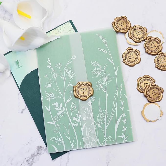 SWANGSA 50 Sets Wedding Invitations Wraps, Vellum Jackets for 5x7 Invitations & Self Adhesive Antique Gold Heart Wax Seal Stickers for Wedding Bridal Baby Shower Birthday Envelopes (White Wildflower)