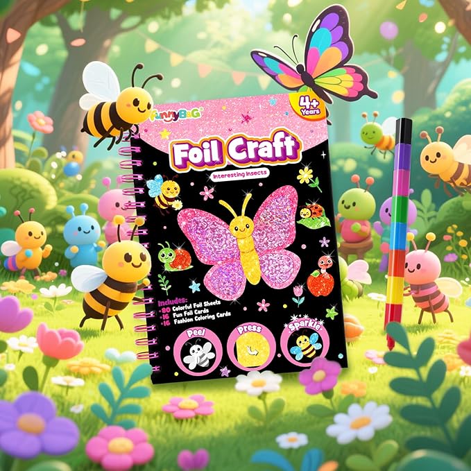 FUNNYB&G Foil Art Craft Activity for Kids - Gift for Girls Crafts Kits for Kids Fun Art Supplies DIY Creative Travel Toys, Birthday Gift Party Favor Toys for Girls Boys 4 5 6 7 8 9 Years Old(Insects)