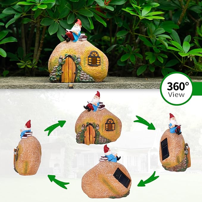 mopha Garden House Statues, Funny Gnome Fairy Garden Lights Figurine,Resin Solar Powered Outdoor Decor Patio Yard Lawn Ornament Decoration