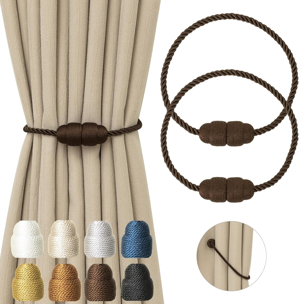 Magnetic Curtain Tiebacks Rope Curtain Tie Backs for Curtains 2 Pack Curtain Holders for Drapes Decorative Window Curtain Holdbacks, Coffee