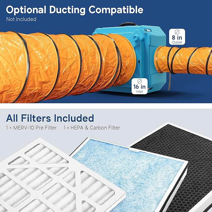 ALORAIR Air Scrubber with 3 Stage Filtration, Stackable Negative Air Machine for Industrial and Commercial Use, Heavy Duty Air Cleaner with MERV-10 Filter, HEPA/Activated carbon Filter, Blue