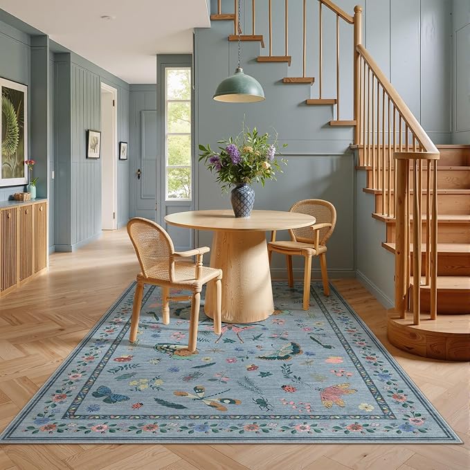 3x5 Washabl Rug with Insect Print - Bug Rug Non-Shedding Stain Resistant Soft Small Carpet for Bedroom, Low Pile Ultra-Thin Machine Washable Carpet for Nursery,Entrance, Office (3'x5' Blue)