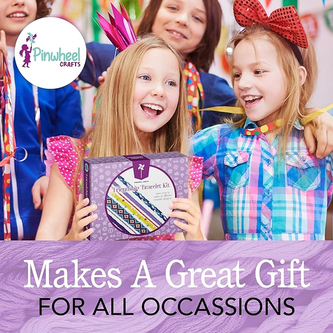 Pinwheel Crafts Friendship Bracelet Kit – DIY String Bracelet Making Kit for Girls 8-12 – 100 Floss, Colored/Metal Beads, Braiding Clip, Design Book – Jewelry Making Set for Girls Gift