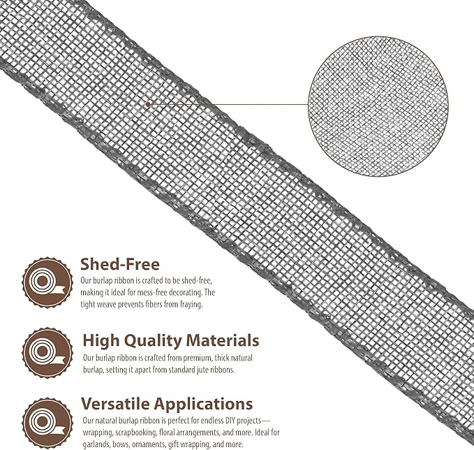 Mandala Crafts Gray Burlap Wired Ribbon 1.5 Inches Wide Jute Ribbons for Crafts - 10 Yds Roll Rustic Burlap Wrap Trim Ribbons for Wreaths Bows Party Decoration