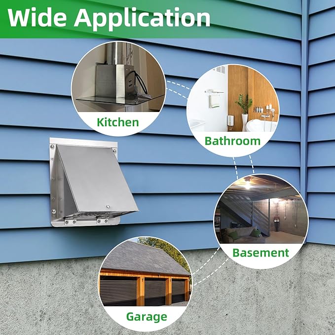 8 Inch Wall Vent,Hooded Wall Vent with Screen and Damper,Outdoor Wall Exhaust Vent Cover Exterior Wall Mount Cap for Kitchen Range Hood HVAC Duct Dryer Air Ventilation,Stainless Steel