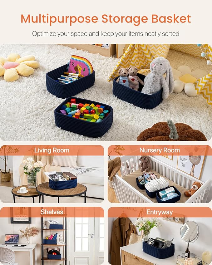 KALLAX Small Woven Basket, 12 x 8 x 4.5 Inches, Storage Basket for Organizing, Cute Small Rope Shelf Closet Cube Storage Bins Baskets for Shelves, Dog Toy Gift Baskets Empty, 3 Packs, Navy Blue