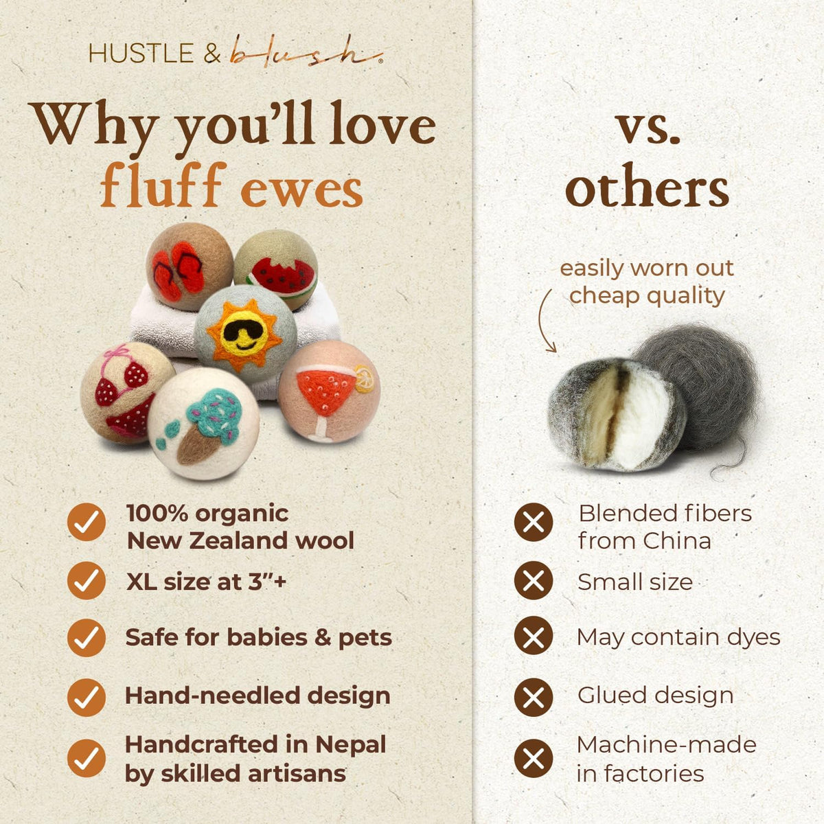Fluff Ewes Wool Dryer Balls 6 Pack Premium New Zealand Wool Laundry Balls for Dryer, No Static Dryer Balls Laundry Reusable, XL Wool Dryer Balls Cute, Baby Dryer Balls for Dryers - Fun in The Sun