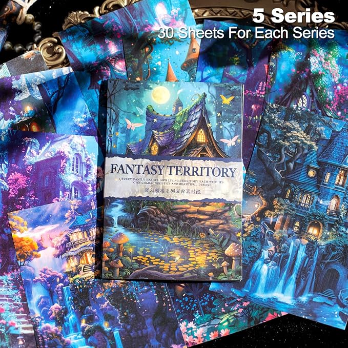 Fantasy Territory Scrapbook Paper Set, 150 PCS Mystical Ephemera Pack for Junk Journaling, Scrapbooking, Crafting, DIY Projects, Diaries, and Art Supplies