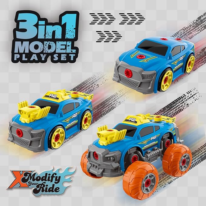 3-in-1 Construction Car for Boys Ages 3+ Years Old, Take Apart Car with Electric Drill, 46 Pcs Cars Building Kit, Build Your Own Toy Cars with Tools, Ideal STEM Present for Kids Children(Blue)