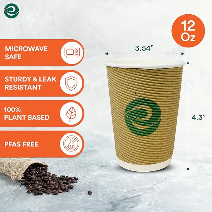 ECO SOUL 12oz Compostable Ripple Cups (100 Pack) – Biodegradable Paper Cups, Non-Toxic Disposable Cups for Hot Drinks, To-Go Coffee Cups, Eco-Friendly & Ripple Paper Cups