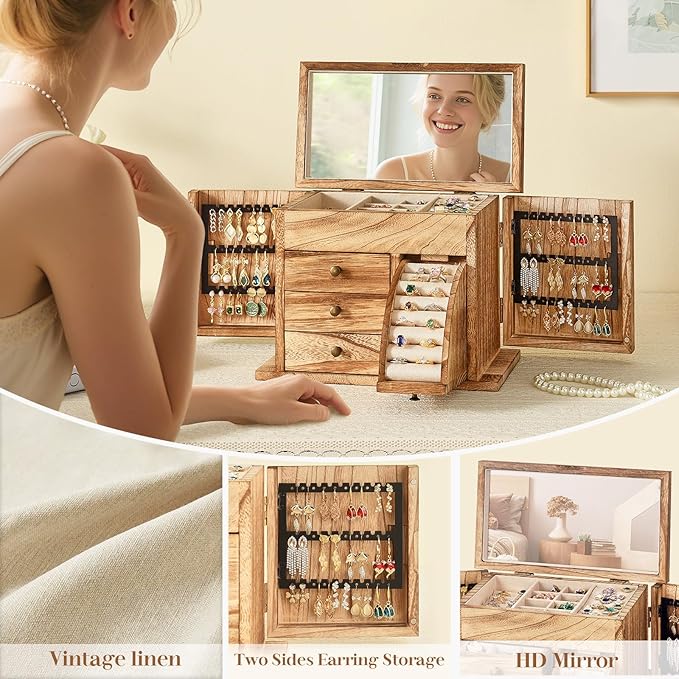Jewelry Box Organizer, Solid Wood Jewelry Boxes fow Women with Mirror, Double Layer Jewelry Organizer Box Display Earring Necklace Bracelet Ring, Rustic Style Small Jewelry Box for Girls
