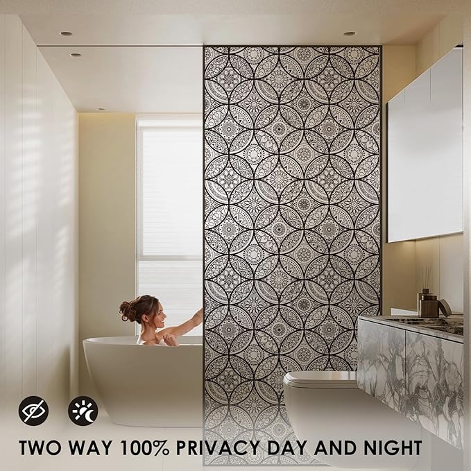 DKTIE Boho Stained Glass Look Window Privacy Film with Installation Tools, Decorative Frosted Glass Window Film Static Cling No Glue Removable, Pure Black, 17.7" x 118.1"
