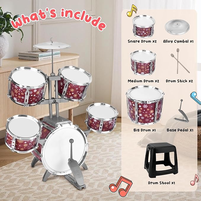 Kids Drum Set for Toddlers 1-3 Musical Jazz Drum with Stool Toys for 2-5 4-6 5-7 Boys Girls Birthday, Red