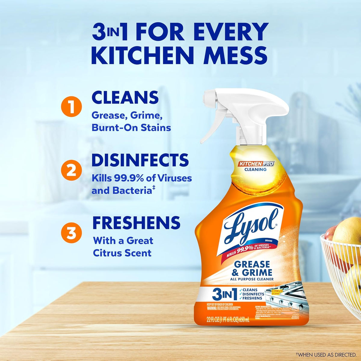 Lysol Pro Kitchen Spray Cleaner and Degreaser, Antibacterial All Purpose Cleaning Spray for Kitchens, Countertops, Ovens, and Appliances, Citrus Scent, 22oz (Pack of 2)