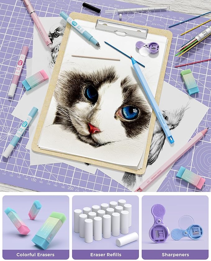 Four Candies 36PCS Aesthetic School Supplies, Mechanical Pencil Set 0.5mm, 0.7mm, 0.9mm & 2.0mm with 624 Lead Refills, Back to School Supplies for Writing & Drawing, Ideal Stationary Set Gift (Purple)