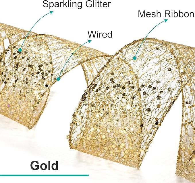 CT CRAFT LLC Sparkling Glitter Mesh Wired Ribbon 2.5" x 20 Yards Gold for Christmas Home Decor Bow Gift Wrapping DIY Crafts Wreath