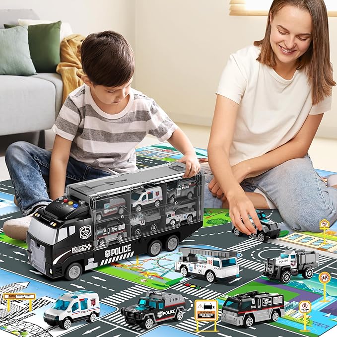 Toddler Boys Toys for 3 4 5 6 Years Old, Police Truck Vehicle Toy Set with Play Mat and Die-Cast Toy Car, Transport Carrier Truck for Kids, Birthday Gifts Toys for 3 4 5 6 7 8+ Year Old Boys