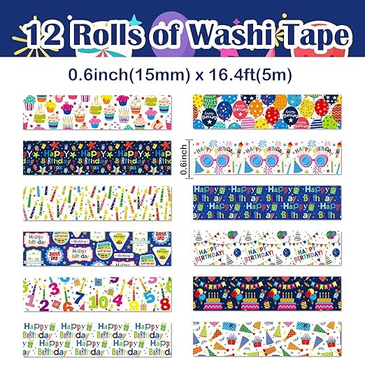 12 Rolls Happy Birthday Washi Tape, Colorful Cake Candles Masking Tapes, Balloons Birthday Hat Decorative Washi Tape for Birthday Party Gift Wrapping Scrapbooking DIY Art Crafts 16.4FT