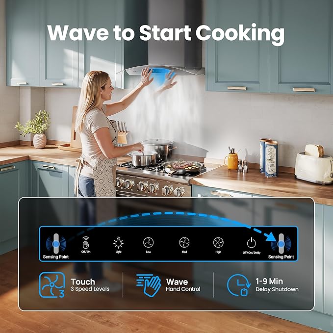 30" Wall Mount Range Hood Tempered Glass 900 CFM, Kitchen Chimney Vent Stainless Steel, with Gesture Sensing and Touch Control Switch Panel, 3-Speed Exhaust Fan Permanent Filter