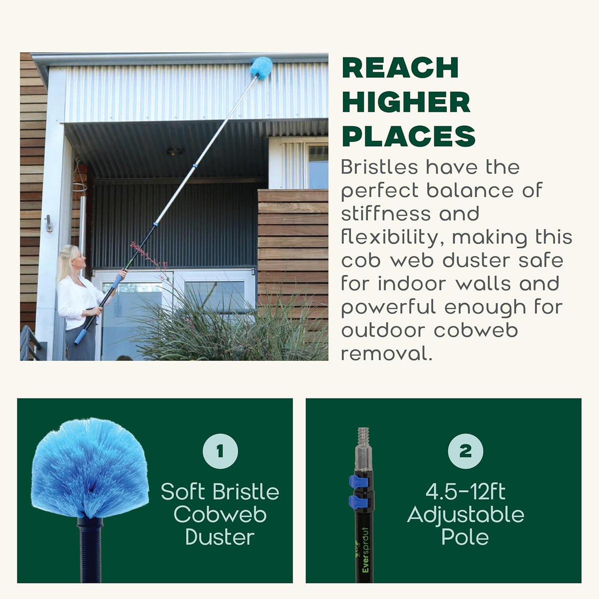 EVERSPROUT 5-to-12ft Telescoping Durable Duster with Extension Pole – Lightweight 3 Stage Cobweb Duster – Extendable to 20ft Reach for Cleaning High Ceilings and Spider Webs