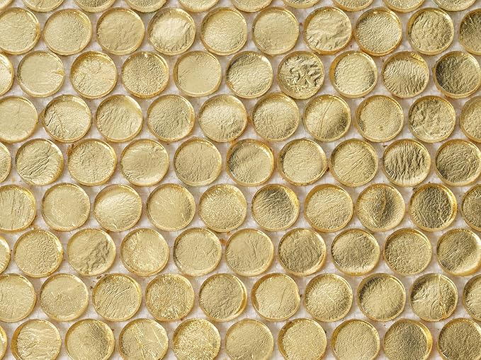 Box of 10 Glossy Gold Glass Penny Round Mosaic Tiles – 12.2" x 12.2" Mesh-Mounted Sheets, 10.34 Sq Ft, Not Peel & Stick - Kitchen Backsplash, Shower Wall, Bathroom, Fireplace, Interior Decor