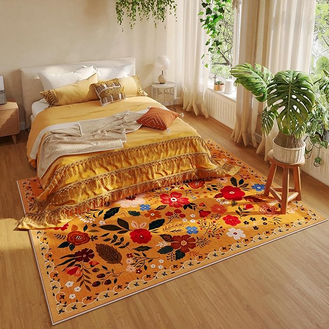 Rugcomf Area Rugs 8x10 Rug for Living Room Clearance Washable Boho Area Rug Non Slip Floral Vintage Low Pile Large Rug for Living Room, Bedroom, Farmhouse, Dining Room, Kids Playroom(Yellow)