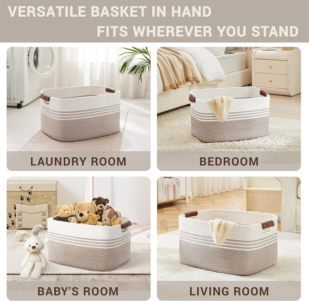 72L Large Laundry Basket with Leather Handles for Living Room Storage, Woven Rope Baskets Bin for Blanket, Kids Toy, Gifts, Wicker Hamper for Bedroom Dirty Clothes, 22"x17"x12" White Brown