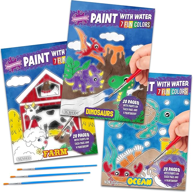 Imagination Works® Paint with Water Books for Kids, 3 Pack | Watercolor Coloring Book Set for Toddler Activities | Spillproof Kids Paint Palettes on Each Page | Travel Toys | Dinosaurs, Farm & Sea