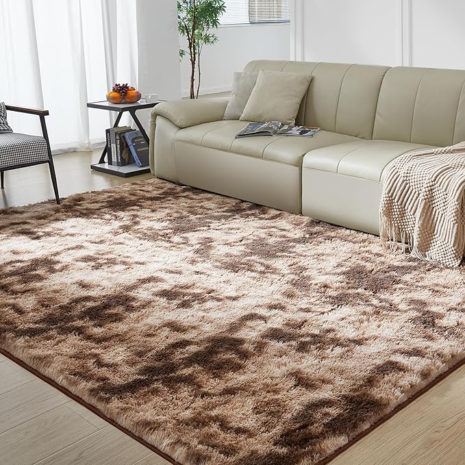 Ultra Soft Rug for Living Room, 9X12 Fluffy Shag Area Rug for Bedroom, Modern Shaggy Carpets Fuzzy Rug for Teens Dorm Nursery Home Decor Aesthetic, Upgrade Anti-Skid Durable, Tie-Dyed Coffee