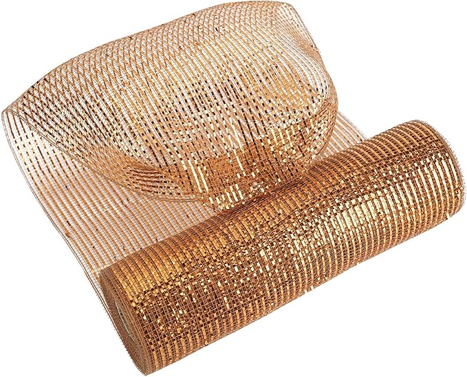 MEEDEE Deco Mesh Copper Brown Mesh Ribbon 10 Inch Deluxe Wide Foil Metallic Mesh Fall Deco Mesh Harvest Mesh Ribbon for Wreaths, Garland, Christmas Tree, Gift Wrapping, Bows Making (30 Feet)