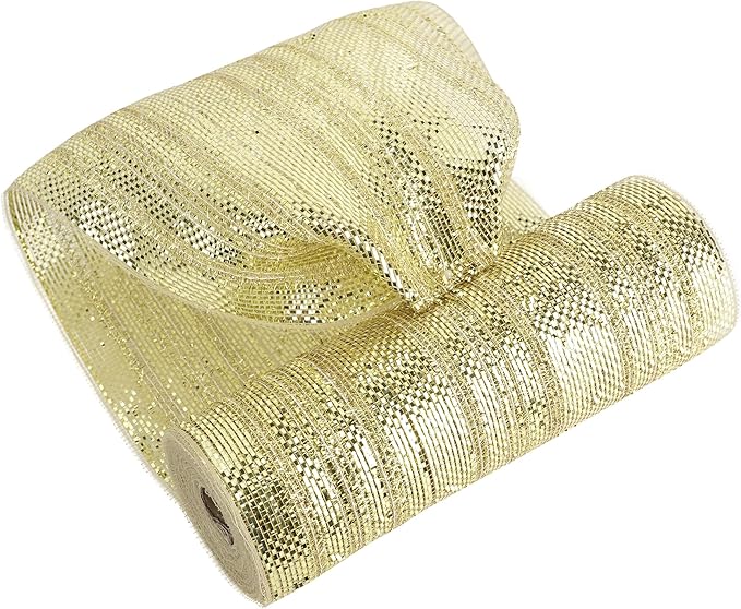 MEEDEE Champagne Deco Mesh 10 Inch Deluxe Wide Foil Metallic Mesh with Gold Tinsel Champagne Gold Mesh Ribbon for Christmas Tree, Wreaths, Garland, Gift Wrapping, Bows Making (30 Feet)