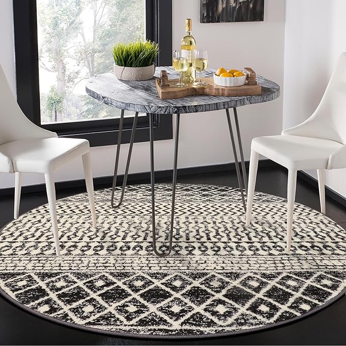 Moroccan Washable Round Area Rug, 4ft Non-Slip Distressed Black Area Rug for Bedroom, Soft Non-Shedding Circle Rug Bedside Carpet for Living Room Dining Room Bedroom