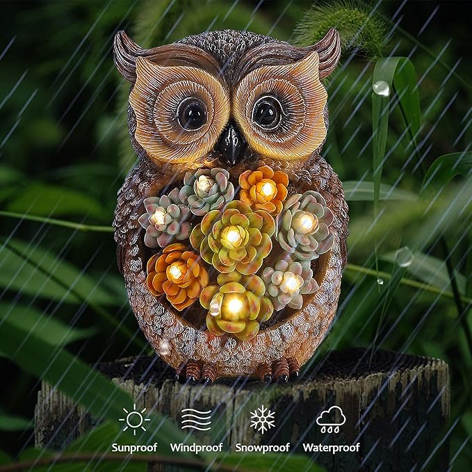 FORUP Owl Garden Statue, Resin Owl Figurine Garden Lawn Ornaments with Solar LED Lights for Outdoor Yard Garden Decorations
