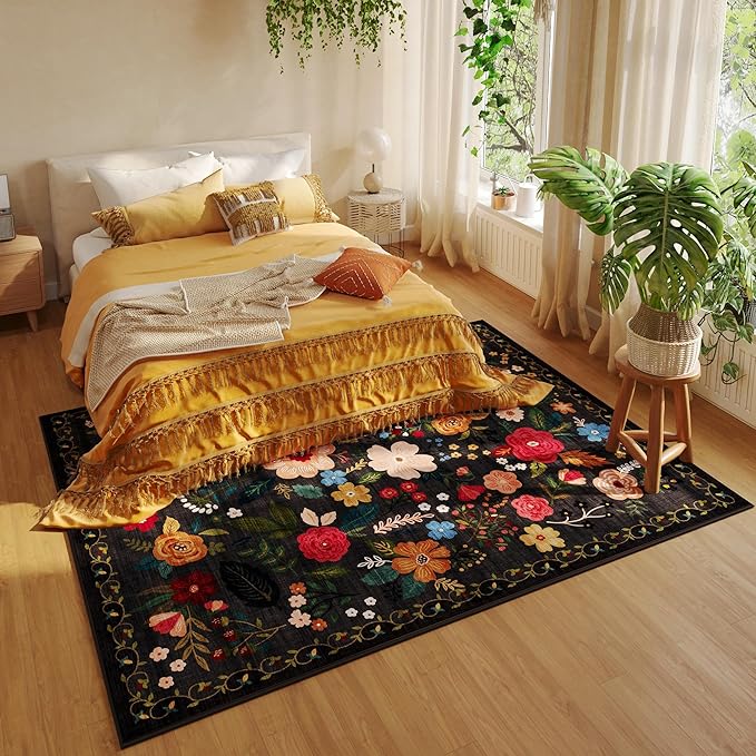 Rugcomf Area Rugs 9x12 Living Room Clearance Washable Boho Rug Non Slip Floral Vintage Low Pile Large Rug for Living Room, Bedroom, Farmhouse, Dining Room, Kids Playroom(Black)