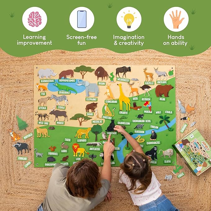 BONNYCO Felt Board for Toddlers with 116 Jungle Animals Figures. Montessori and Sensory Toys, Birthday Gifts for Kids 3-8 Years Old. Educational Games Learning Activities Christmas