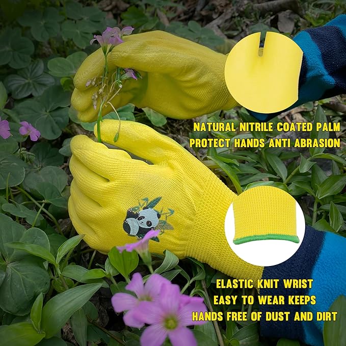 HANDLANDY 2 Pairs Kids Gardening Gloves, Toddler Children Garden Yard Work Outdoor Playing Gloves, Rubber Coating, for Girls Boys Youth (Size XXL, Yellow)
