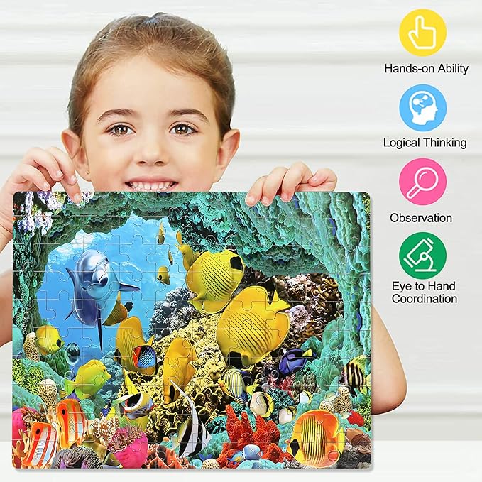 LELEMON 100 Pieces Underwater World Jigsaw Puzzles for Kids Ages 4-8 Year Old Dolphins Fishes Jigsaw Puzzle for Children Boys Girls Learning Ocean Educational Puzzles Toys