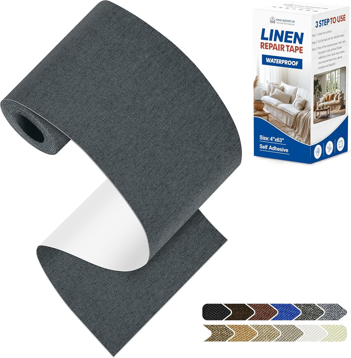 KING MOUNTAIN Linen Repair Patches, Self-Adhesive Fabric Patches, 4 X 63 inch Extra Size, Multi Color, Can be Used for Sofa Repair and Linen Clothes Repair (Charcoal Gray)