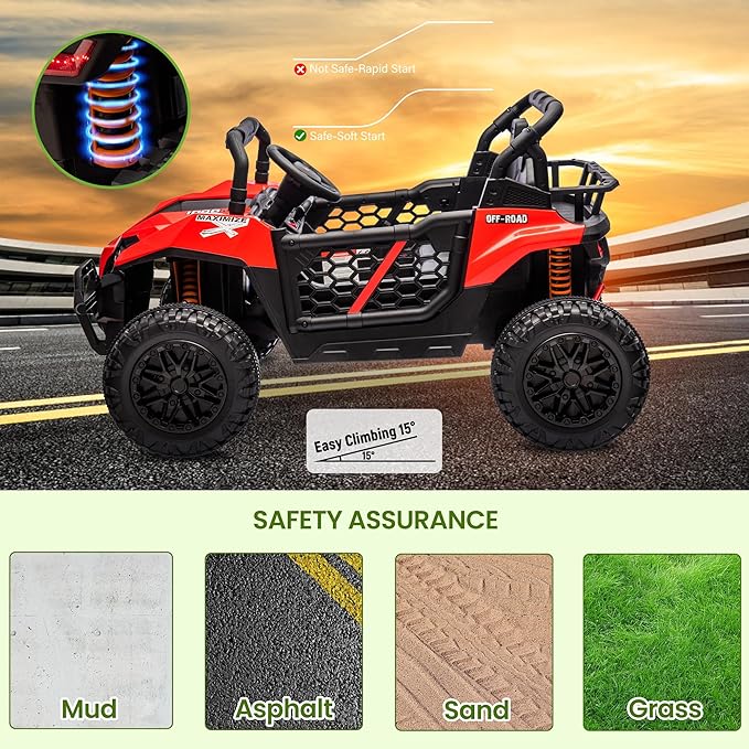 24V 2 Seater Ride On Car Truck, Power Wheels Kids UTV w/Parent Remote Control, 3.1 MPH Max Speed, Music Player, LED Lights & Storage, Electric Vehicle Ride On Toy for Kids Toddler Ages 3-8, Red