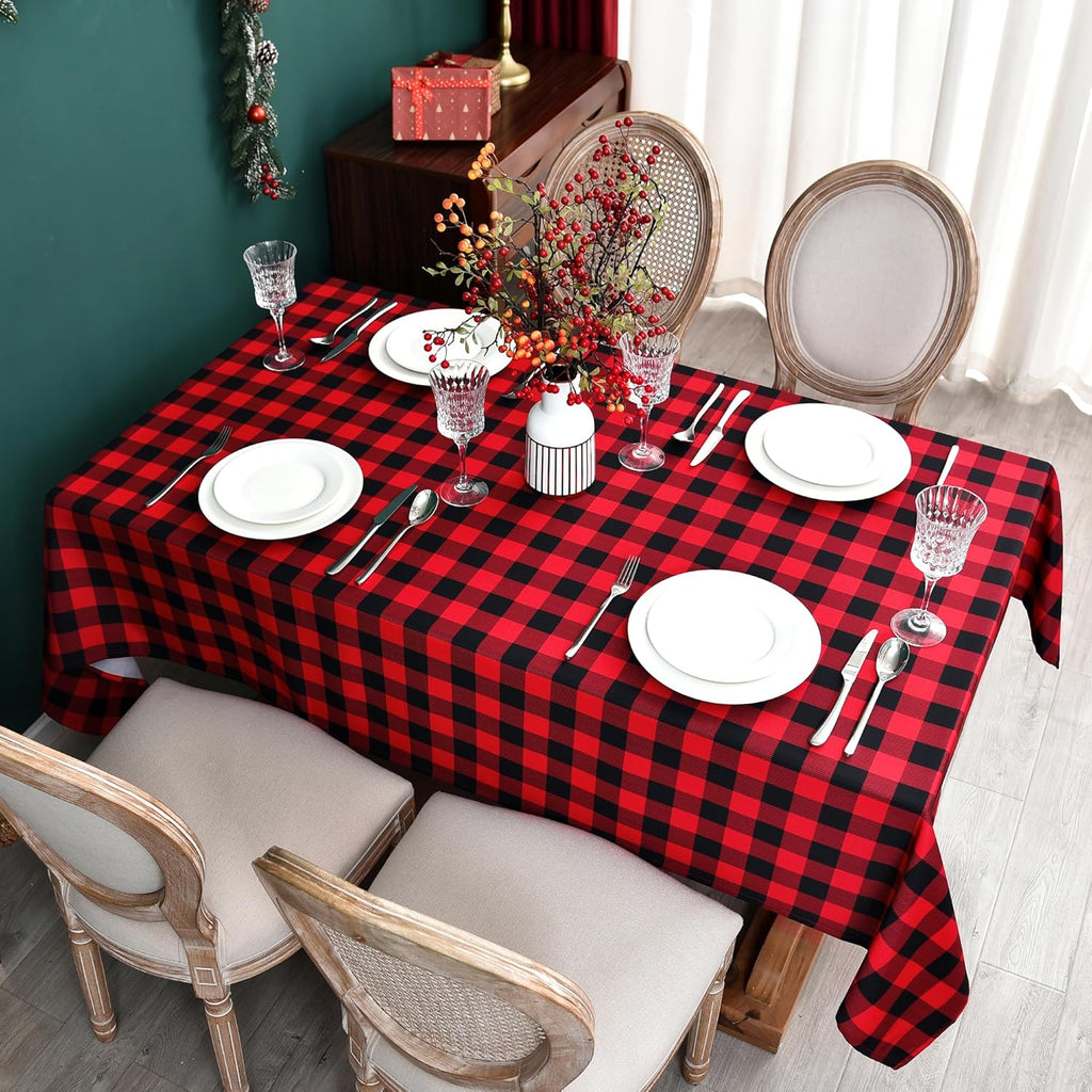 Classic Gingham Buffalo Xmas Tablecloth Fabric - Oblong 58x144 Inch Water Proof Checkered Table Cloth for Indoor Outdoor - Red Christmas Plaid Table Cover for Christmas, Holiday, New Year