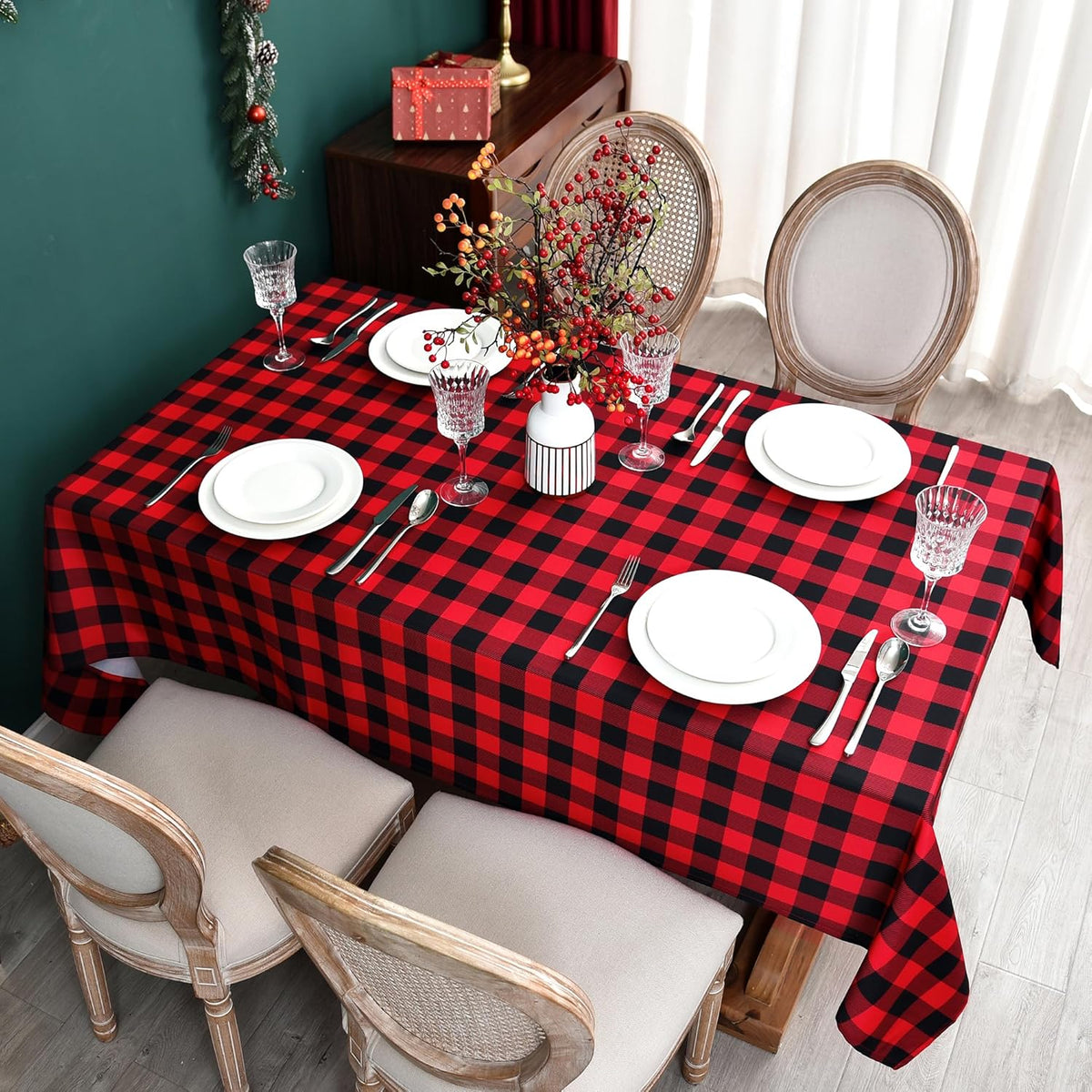 Classic Gingham Buffalo Xmas Tablecloth Fabric - Oblong 58x144 Inch Water Proof Checkered Table Cloth for Indoor Outdoor - Red Christmas Plaid Table Cover for Christmas, Holiday, New Year