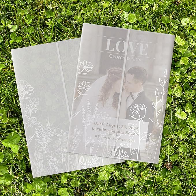 HAUTOCO 50 Pack Vellum Jackets for 5x7 Invitations, Pre-Folded Translucent 135GSM Vellum Paper Wraps, White Flower Envelope Liners Wedding Invitations Accessories